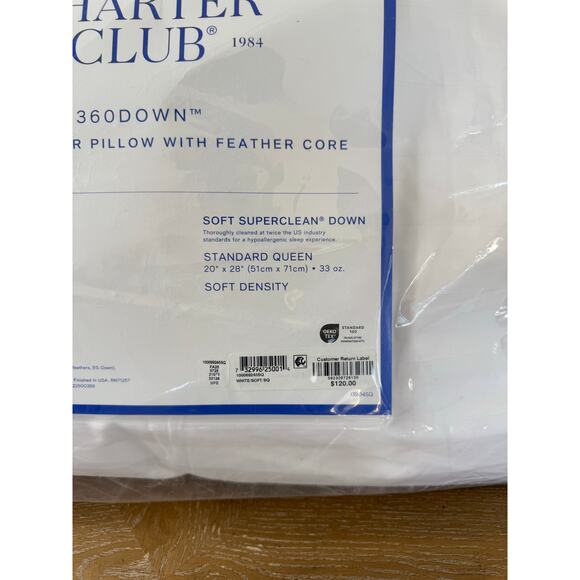 Charter Club 360Down Standard/Queen Pillow 600 Fill Power Soft Density White - Picture 3 of 4
